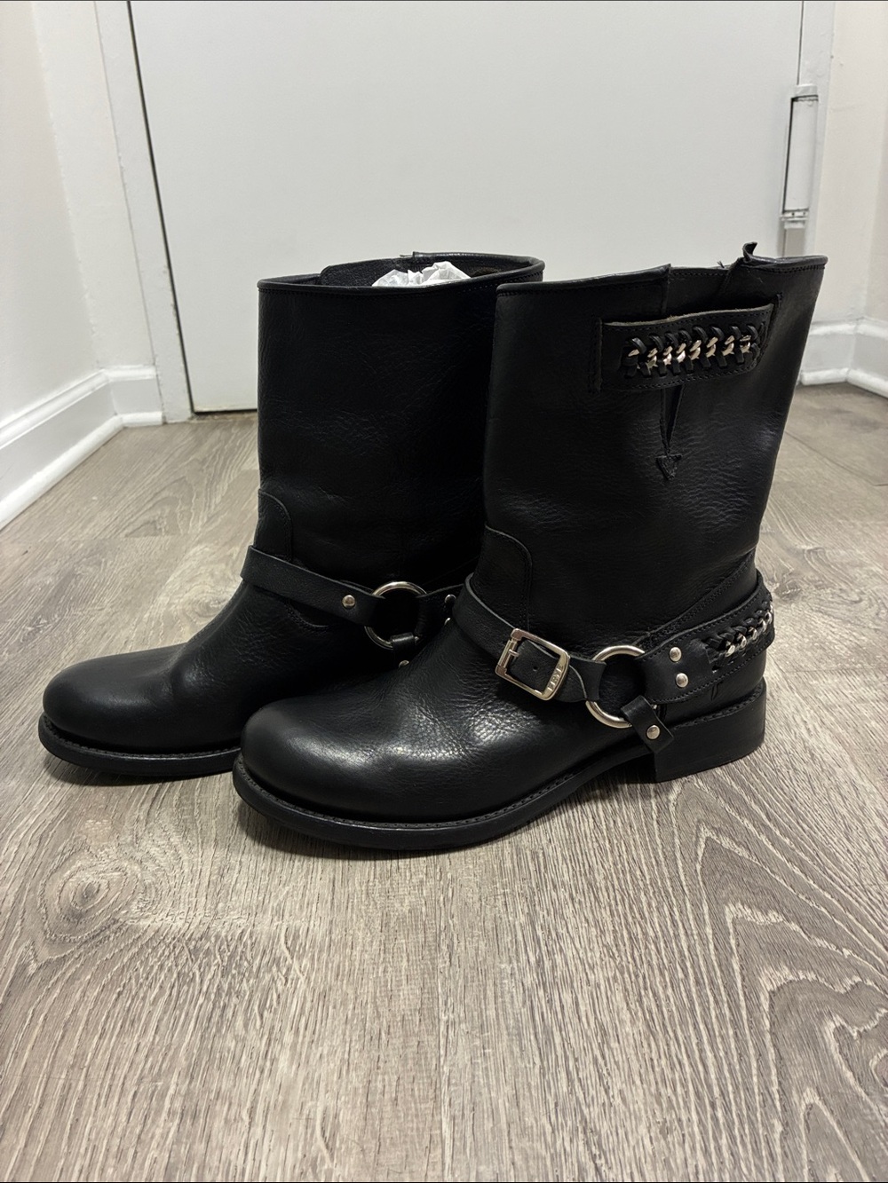 Frye Black Leather Mid-Calf Harness Combat Boots
